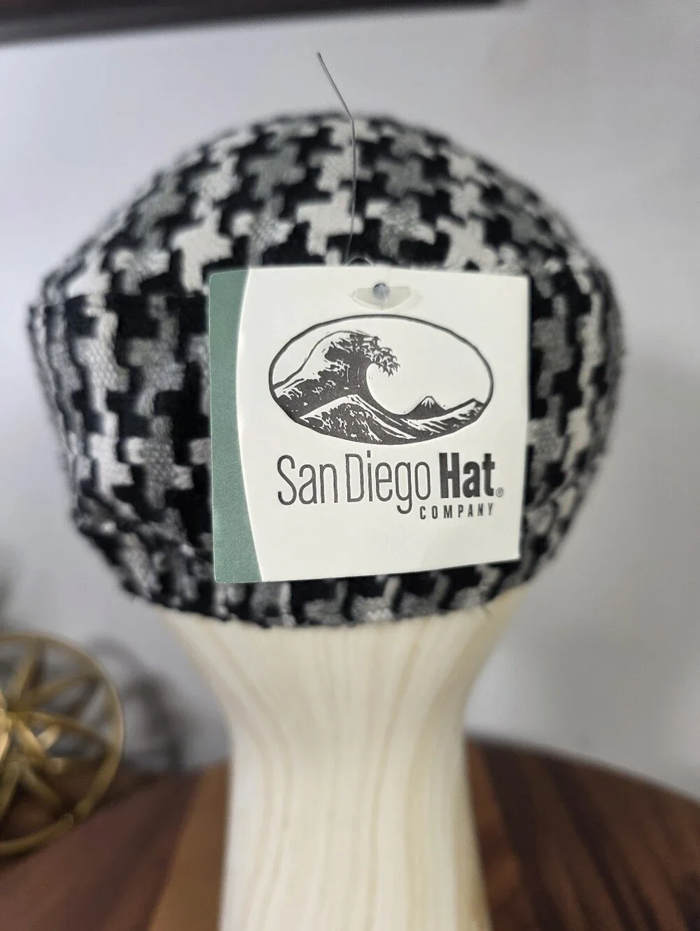 NEW San Diego Hat Company Black & White Houndstooth Cadet Hat Faux-Leather Band